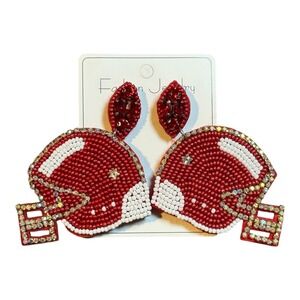 Football Helmet Earrings Red Beaded Rhinestone Dangle Drop Statement Jewelry New